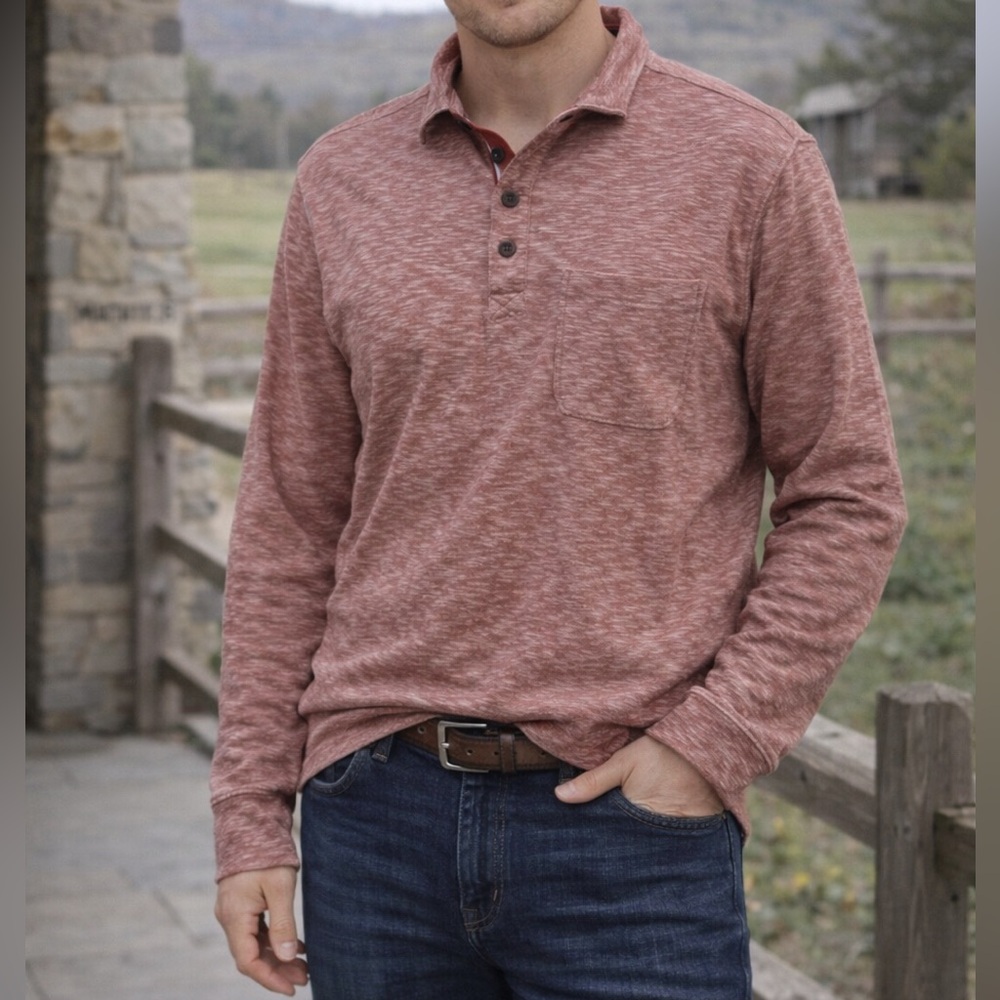 Lucky Brand Men's Mock Neck Sweater Large Red Heather Long Sleeve Henley Shirt